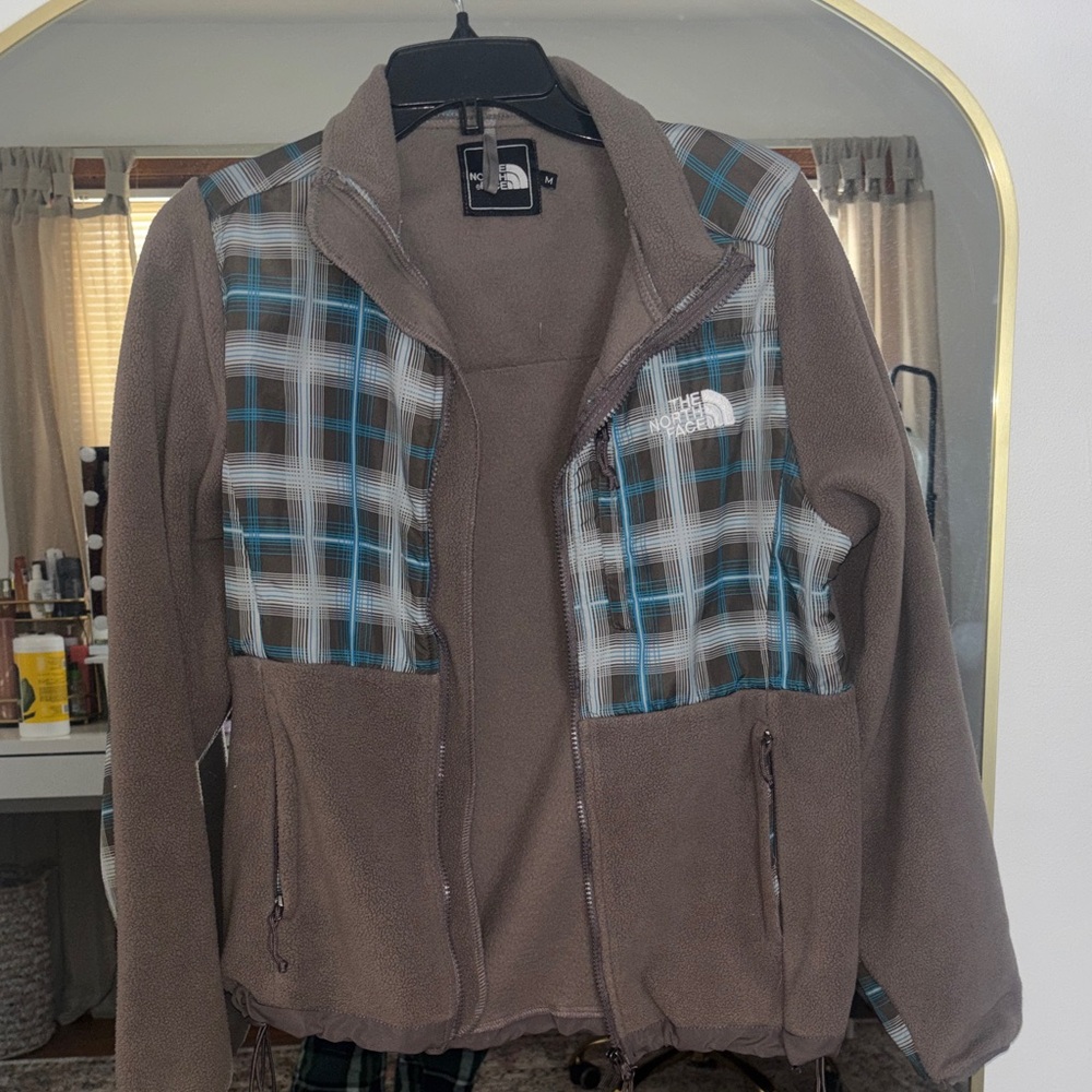 The North Face Brown and Blue Checkered Fleece Jacket
